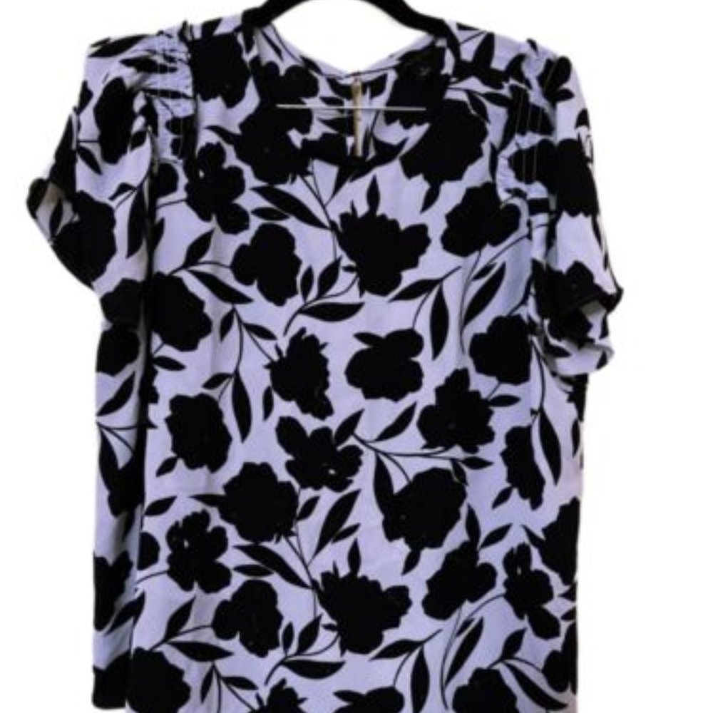 Ann Taylor Navy Floral Flutter Short Sleeve Blouse Size Medium